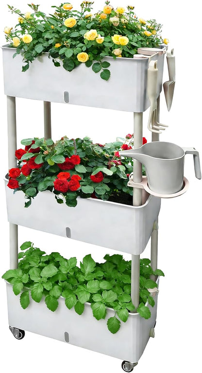 MNKXL Self-Watering Raised Planter Box with Lockable Wheels,3-Tier Elevated Garden Bed with Visible Water Level Window,Indoor Outdoor Plastic Plant Box for Flowers,Vegetables & Herbs