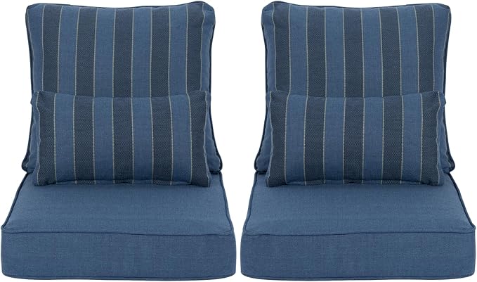 Aoodor Outdoor Chair Cushion, 23 x 26 Inch Water-Resistant, Fade-Resistant Olefin Fabric Patio Seat Cushions with Removable Cover and Adjustable Straps for Outdoor Furniture, Set of 2, Blue Stripes