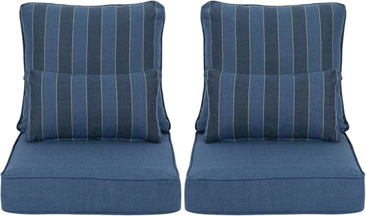 Aoodor Outdoor Chair Cushion, 23 x 26 Inch Water-Resistant, Fade-Resistant Olefin Fabric Patio Seat Cushions with Removable Cover and Adjustable Straps for Outdoor Furniture, Set of 2, Blue Stripes