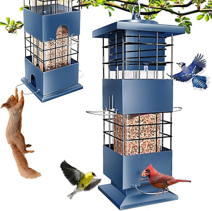 Bird Feeder Squirrel Proof, Metal Anti-Squirrel for Outdoors Hanging, 3LBS Wild Birdseed Feeders for Cardinal Blue Jay Outside (Blue)