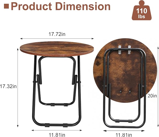 VECELO Patio Outdoor Side Table Set of 2,17.7 inch Small Folding Table Round Waterproof Wood Table,Foldable Anti-Rust Metal Legs Snack Desk for Garden Balcony,Yard,Living Room