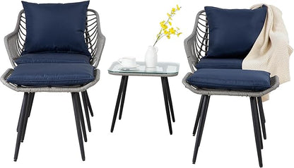 5 Piece Patio Furniture Set, Outdoor Wicker Small Conversation Bistro Set, All-Weather PE Rattan Chairs with Ottoman & Coffee Table, Ideal for Balcony Porch Deck Yard Poolside (Grey/Blue)