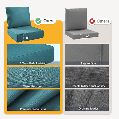 Outdoor Cushion Set for Furniture Patio Furniture, UV Resistant, Water Resistant - 6 Inch Thick Foam Garden Cushions– 22x24 Inch Patio Seat Covers for Chair/Sofa/Couch | Peacock Green | 2-Pack |