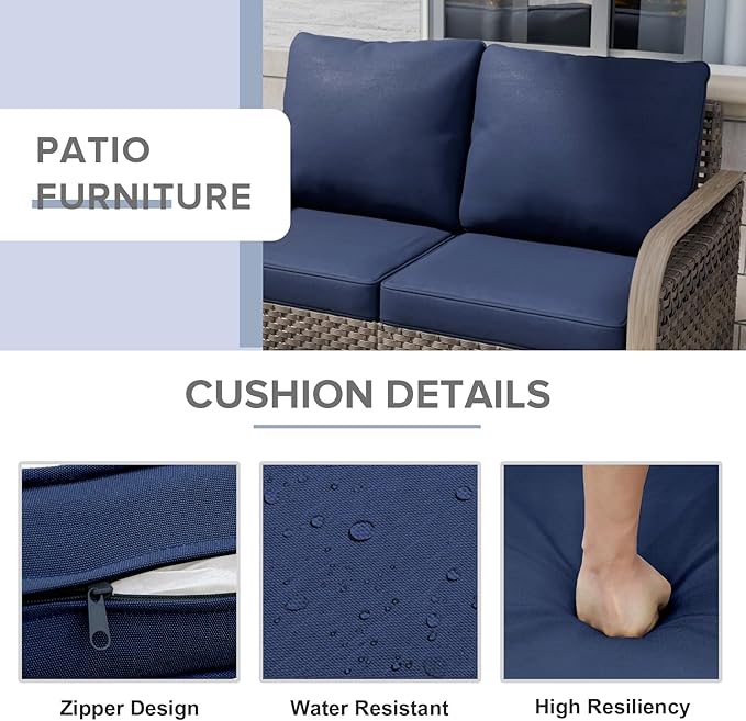 COOS BAY Modern Wicker Outdoor Furniture Set, Patio Conversation Set with Swivel Rockers, 2 Seat Loveseat, and Ottomans, 5 Piece, Brown/Blue