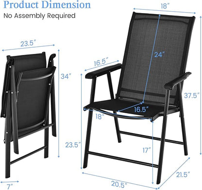 Tangkula Set of 2 Patio Folding Chairs, Outdoor Fabric Dining Chairs with High Back & Armrests, Sturdy Metal Frame for Patio Lawn Garden (Black)