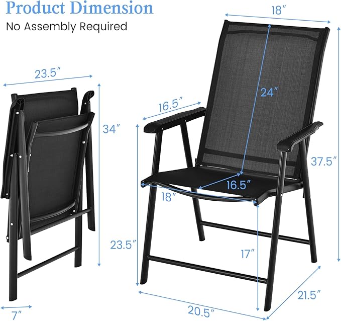 Tangkula Set of 4 Patio Folding Chairs, Outdoor Fabric Dining Chairs with High Back & Armrests, Sturdy Metal Frame for Patio Lawn Garden (Black)