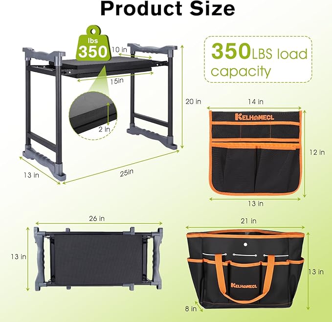 Garden Kneeler and Seat with Umbrella, 2-in-1 Foldable Gardening Stool with Adjustable Bracket, Detachable Tool Bags, Heavy Duty Kneeling Pad for Gardening (Black Orange)