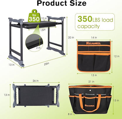 Garden Kneeler and Seat with Umbrella, 2-in-1 Foldable Gardening Stool with Adjustable Bracket, Detachable Tool Bags, Heavy Duty Kneeling Pad for Gardening (Black Orange)