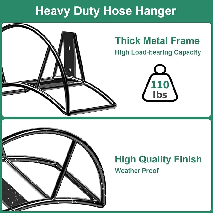 TomCare Garden Hose Holder Wall Mount Metal Water Hose Holder Holds 150Ft Hoses Heavy Duty Hose Hanger Sturdy Hoses Storage Organizer for Outside Yard Garden, Black