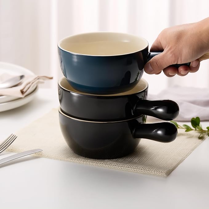 KooK French Onion Soup Crocks, Stackable Ceramic Bowls with Handles, Oven, Microwave and Dishwasher Safe, for Cereal, Soups, Casseroles, with Handle, Stoneware, 24 oz, Set of 4, Navy