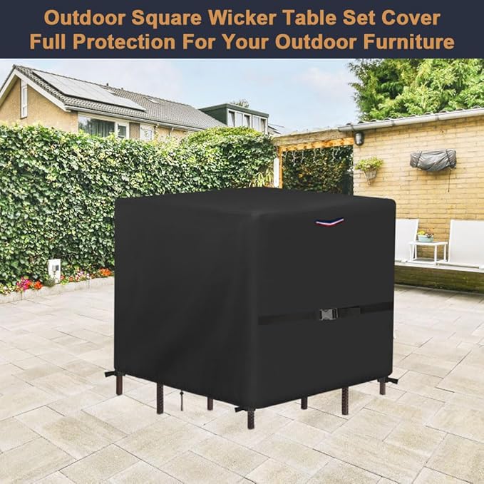 Outdoor Wicker Table Set Cover, Waterproof Cover for 5 Piece Square Patio Bar Height Table & Chair Sets, Heavy Duty Outdoor Bar Tables and Stools Sets Covers - 60"L x 60"W x 38"H