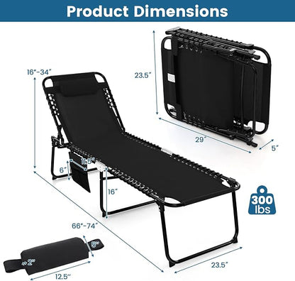 Tangkula Beach Lounge Chair for Outside, Folding Chaise Lounge Outdoor with 4-Position Backrest, Removable Headrest and Side Pocket, Portable Sunbathing Tanning Chair for Patio, Poolside (2, Black)