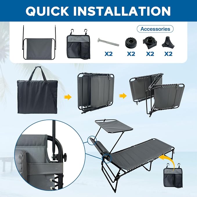 Outdoor Folding Lounge Chair with Removable Canopy & Pillow, Padded Reclining Chaise Lounge Chair 5-Position Heavy Duty Beach Chair for Patio, Beach, Pool, Camping