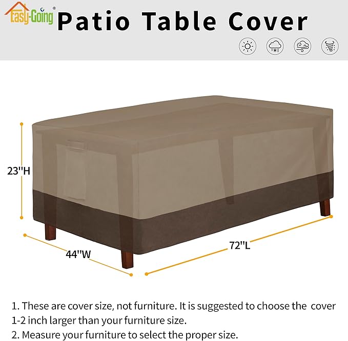 Easy-Going 600D Heavy Duty Rectangular Table Cover UV Resistant and Waterproof Outdoor Lawn Patio Furniture Cover (72" Lx44 Wx23 H, Camel/Dark Brown)