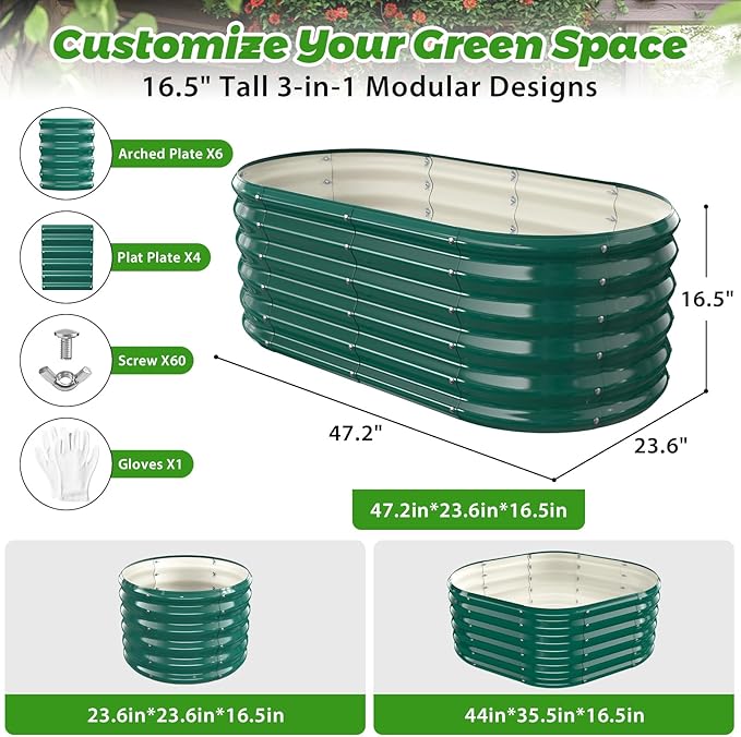 YSEJOMP 17" Tall Outdoor Garden Raised Garden Bed Kits, 4ft X 2ft Oval,0.8MM Thick Metal Raised Planter Bed/Ground Planter Box for Variety of Flowers,Herbs,Vegetables (Dark Green, 48X24X16.5 Inches)