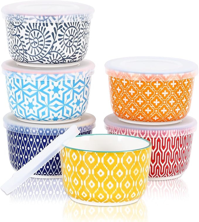Selamica Ceramic Ramekins with Lids, 10 OZ Creme Brulee Ramekins with Covers Oven Safe, Custard Cups Small Baking Bowls for Souffle, Pudding, Onion Soup, Dips, Set of 6, Assorted Colors