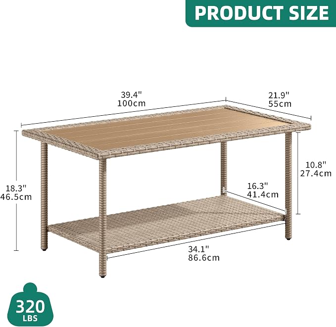 YITAHOME Outdoor Wicker Coffee Table with Storage, 39.4" 2 Tier Rectangle Patio Coffee Table, All-Weather Rattan Outdoor Storage Table for Patio Garden Backyard Porch - Brown
