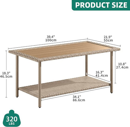 YITAHOME Outdoor Wicker Coffee Table with Storage, 39.4" 2 Tier Rectangle Patio Coffee Table, All-Weather Rattan Outdoor Storage Table for Patio Garden Backyard Porch - Brown