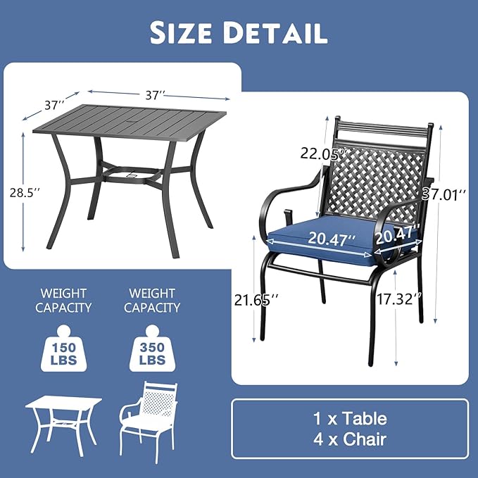 MELLCOM Patio Dining Chairs Set of 2, Heavy Duty Outdoor Dining Chairs with Armrests and Cushions, Iron Metal Patio Chairs for Outside, Garden Lawn & Porch, Backyard, Blue