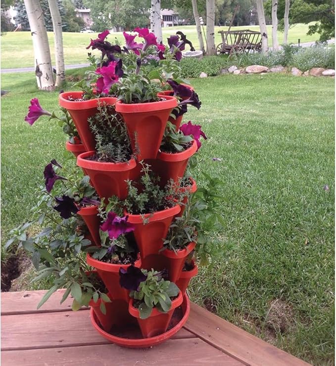 Vertical Garden Planter 4 Tier Stackable System 16 Plants, Space Saving Herb, Strawberry & Food Crop Planter with Center Support Hole for Indoor Outdoor Gardening (4, Terracotta, Small)