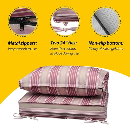 AAAAAcessories Outdoor Seat Cushions for Chairs, Fade-Resistant, Waterproof Patio Furniture Replacement Cushions, 24" x 24" x 5" + 24" x 13.5", Dusty Rose Garden Stripe