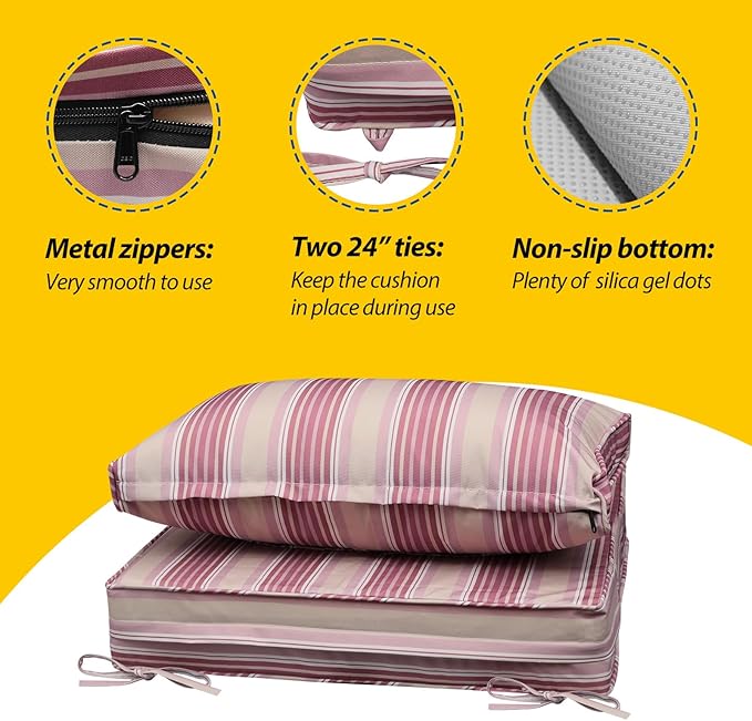 AAAAAcessories Outdoor Seat Cushions for Chairs, Fade-Resistant, Waterproof Patio Furniture Replacement Cushions, 23.5" x 25.5" x 5" + 23.5" x 13.5", Dusty Rose Garden Stripe