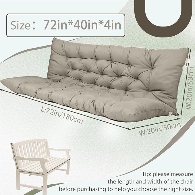2/3 Seater Swing Replacement Cushion, Waterproof Porch Swing Cushions with Backrest, Thickened Bench Cushions for Outdoor Furniture, for Outdoor Patio Swing (Khaki, 71 * 40in)