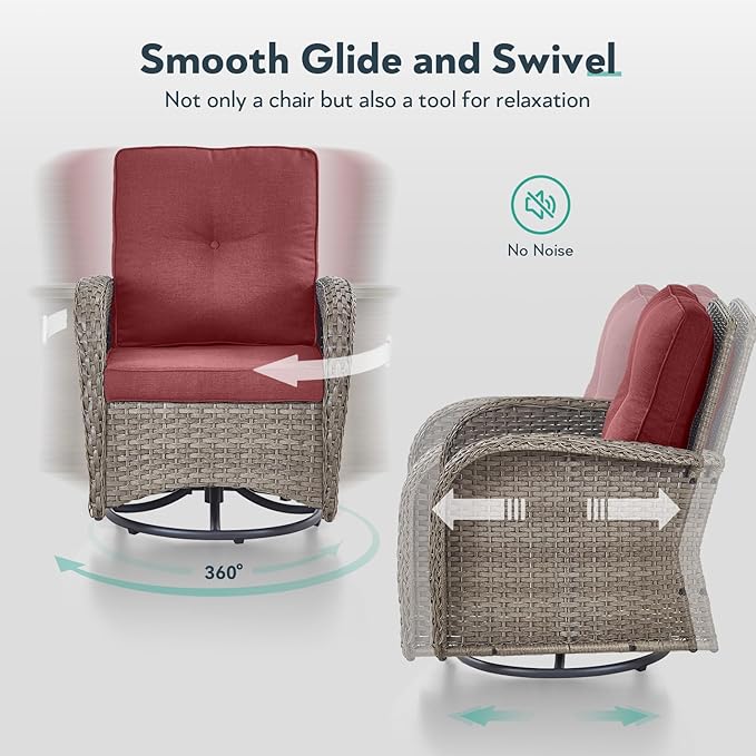 5 Piece Patio Furniture Set - Wicker Patio Conversation Set with Swivel Glider, 3 Seat Sofa, Tempered Glass Side Table and Coffee Table for Deck Backyard - Grey Wicker Red Cushion