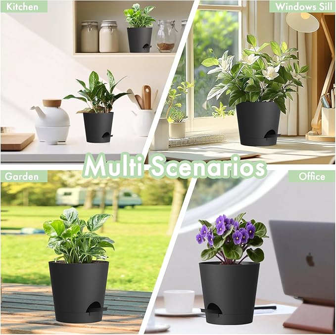 WSMKSZ 4 inch Self Watering Pots for Indoor Outdoor Plants, 6 Pack Plastic Flower Planters with Drainage Holes and Removable Saucers, Plant Pots with Wicking Rope, Modern Decor, Black