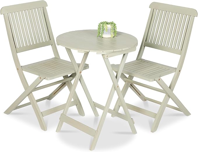 Best Choice Products 3-Piece Acacia Wood Bistro Set, Folding Patio Furniture for Backyard, Balcony, Deck w/ 2 Chairs, Round Coffee Table, Teak Finish - Sage Green
