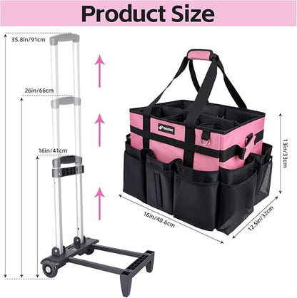 Large Rolling Cleaning Caddy Bag with Wheels, with Detachable Trolley, Cleaning Bags on Wheels for Housekeepers, Cleaning Cart Supplies Organizer for Home, Car, Picnic (Pink)