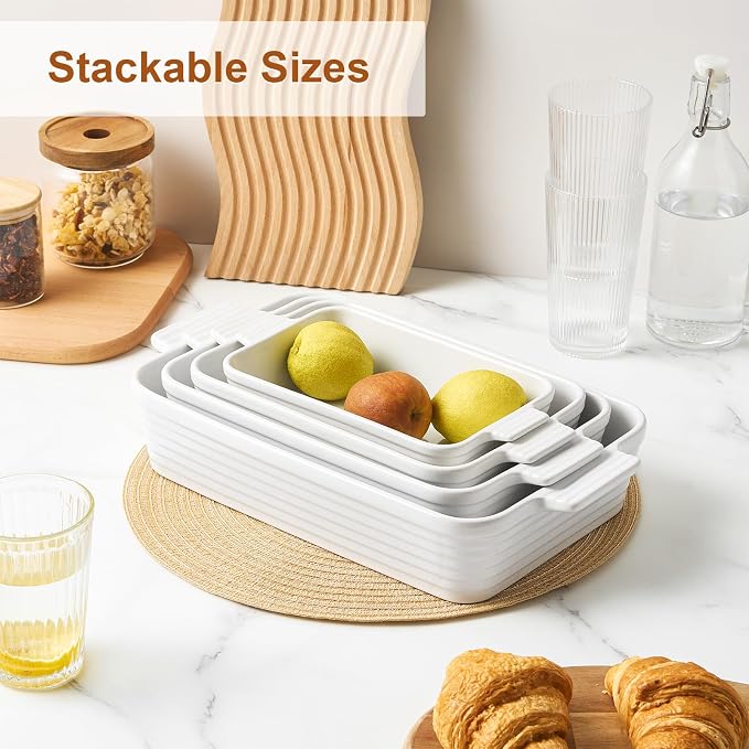 Ceramic Baking Dish Set of 4, Casserole Dishes for Oven, White | Rectangular Casserole Dishes with Handles in 3.3, 2.4, 1.6 and 0.9 QT Sizes for Lasagna, Casseroles, Sides, and Desserts