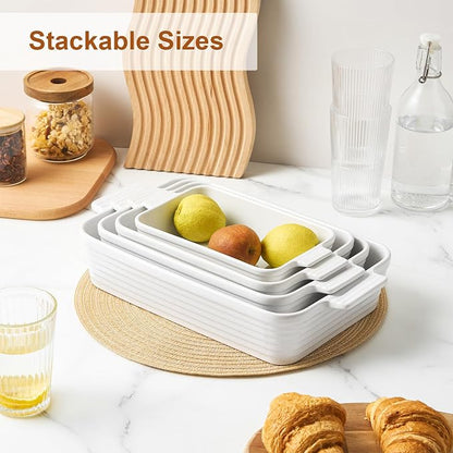 Ceramic Baking Dish Set of 4, Casserole Dishes for Oven, White | Rectangular Casserole Dishes with Handles in 3.3, 2.4, 1.6 and 0.9 QT Sizes for Lasagna, Casseroles, Sides, and Desserts
