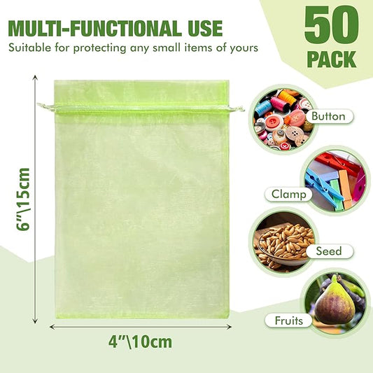 50 Pcs Drawstring Fruit Protection Bags, 4×6 Inch Green Mesh Fruit Net Covers, Anti-Bird Anti-Insect Garden Protective Bags for Fruit Tree, Tomato, Strawberry, Apple, Cherry, Grapes and Vegetables