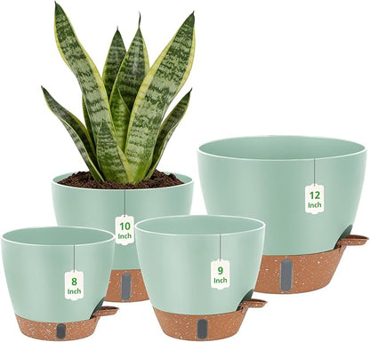 Self Watering Planters Set with Water Level Indicator, 12" 10" 9" 8" Large Plastic Flower Pots with Mesh Drainage Hole and Removable Saucer Reservoir for Indoor Outdoor Plants (Green)