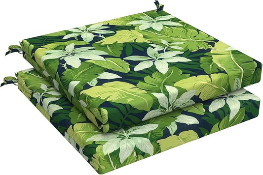 LVTXIII Outdoor Chair Cushions 19"x19"x2" Pack of 2, Water-Repellent Square Corner Memory Foam Seat Cushions with Ties for Garden Patio Furniture, Jungle Leaves