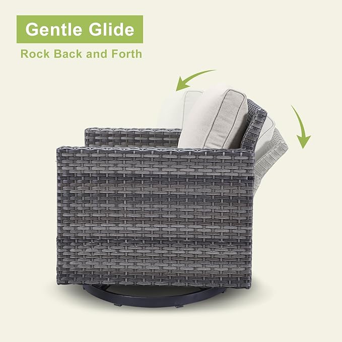 Wicker Outdoor Patio Furniture Set - 5 Piece Patio Conversation Set with 2 Swivel Rocker Chairs,2 Rattan Ottoman and 1 Metal Side Table for Outside Porch Deck Backyard Garden(Mixed Grey/Beige)