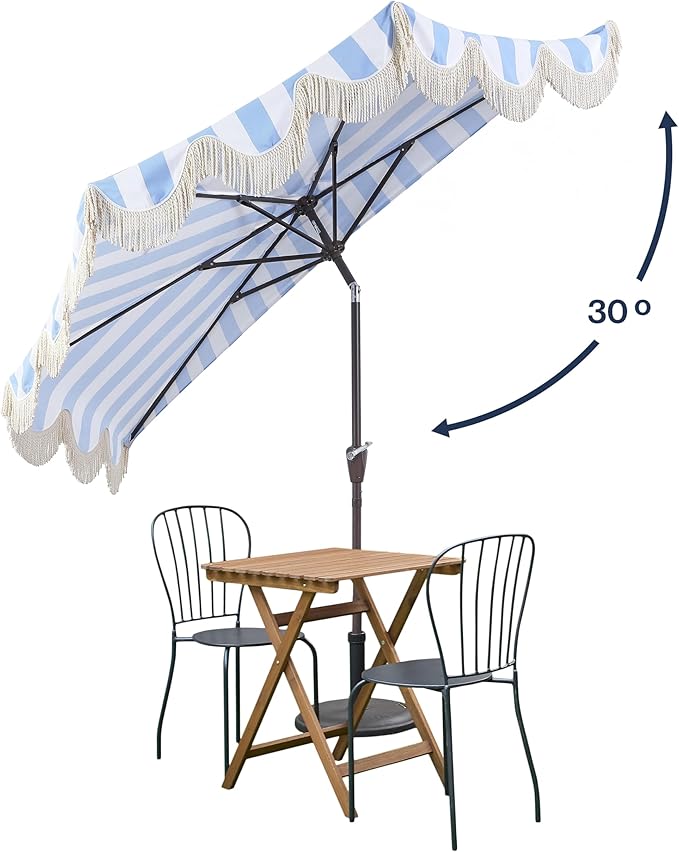 JONATHAN Y Half Umbrella UMB1201C Beverly 9 ft. Designer Classic Scalloped Fringe Market Patio with Crank, Push Button Tilt and UV Protection in Light Blue/White