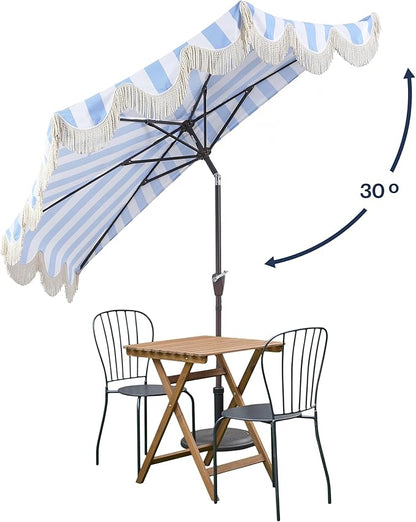 JONATHAN Y Half Umbrella UMB1201C Beverly 9 ft. Designer Classic Scalloped Fringe Market Patio with Crank, Push Button Tilt and UV Protection in Light Blue/White