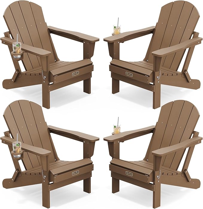 SERWALL Folding Adirondack Chair Set of 4 Outdoor Chairs with Cup Holder Painted Adirondack Chair Weather Resistant for Patio Deck Garden, Backyard Deck, Fire Pit- Brown