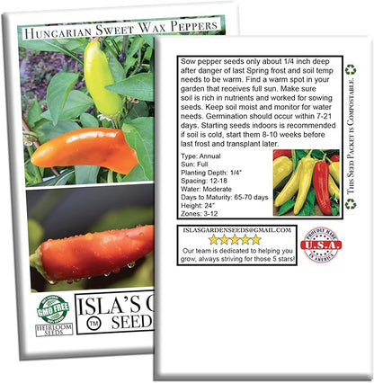 Hungarian Sweet Wax Pepper Seeds (Capsicum annuum) – 100+ Heirloom Non-GMO Seeds by Isla's Garden Seeds, Mild and Flavorful Peppers, Ideal for Fresh Eating, Pickling & Cooking, Great Gardening Gift