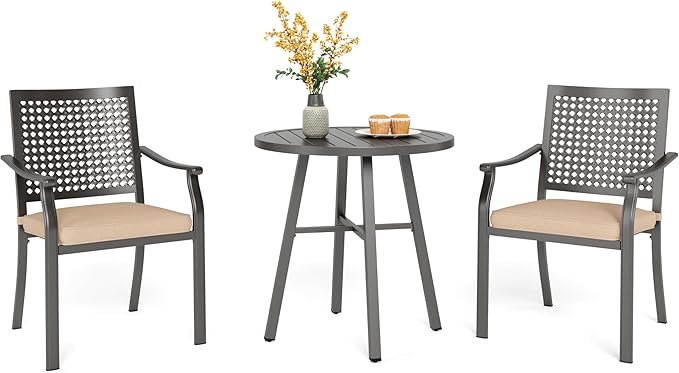 PHI VILLA 3 Pieces Outdoor Bistro Set for 2, Round Slatted Metal Steel Side Table & Stacking Wrought Iron Chairs with Cushions, Small Conversation Furniture Set for Patio Porch, Deck, Balcony