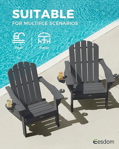 Folding Adirondack Chair,All-Weather HDPE Fire Pit Chair with 2 Cup Holders, Plastic Outdoor Chair for Patio Deck Garden Lawn, Grey