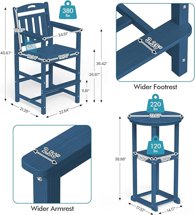 Ciokea Balcony Chairs and Table 3 Pieces Set, Outdoor High Top Bar Set, HDPE Oversized Adirondack Bar Chairs Set of 2 and Round Table for Outside Dining Bistro Poolside Backyard, Navy Blue