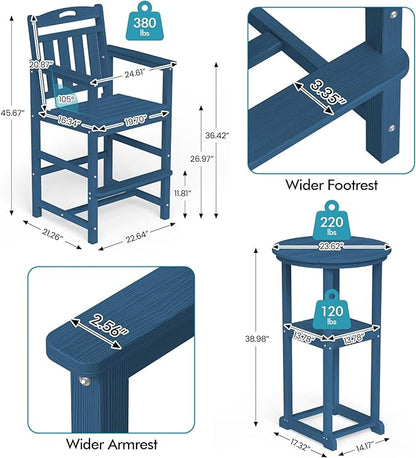 Ciokea Balcony Chairs and Table 3 Pieces Set, Outdoor High Top Bar Set, HDPE Oversized Adirondack Bar Chairs Set of 2 and Round Table for Outside Dining Bistro Poolside Backyard, Navy Blue