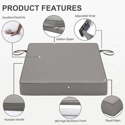Favoyard Patio Chair Cushions 22 x 22 x 3 Inch Waterproof Outdoor Seat Cushions for Patio Furniture 3-Year Color Fastness Garden Sofa Couch Chair Pads with Handle & Adjustable Straps Set of 2, Grey