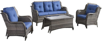 HUMMUH Outdoor Furniture 4 Pieces Patio Furniture Set Wicker Outdoor Sectional Sofa with 2 Patio Chairs,Coffee Table(Grey/Blue)