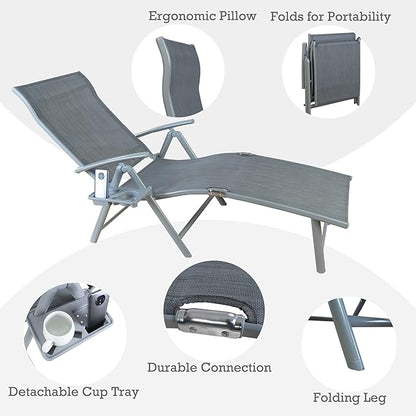 Kozyard Cozy Aluminum Reclining Lounge Chair - Perfect for Beach, Yard, Pool, Deck, and Patio - Outdoor Chaise Lounge with Drink Holder, Weather Free, Adjustable - Assemble-Free (1 Pack, Grey)