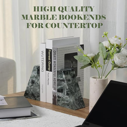 Karibiber Marble Bookends for Heavy Books, Decorative Bookends for Shelves, Green Stone Book Ends, Heavy-Duty Book Ends for Hardback Book & Cookbooks, Unique Book Stopper & Holder, Set of 2