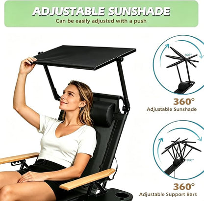 Folding Lounge Chairs for Outside, 4-Position Reclining Outdoor Lounge Chair, Sun Bathing Lounge Chair with Wooden Armrest, Pillow & Cup Holder, Reclining Beach Chair for Garden Beach Patio Camp